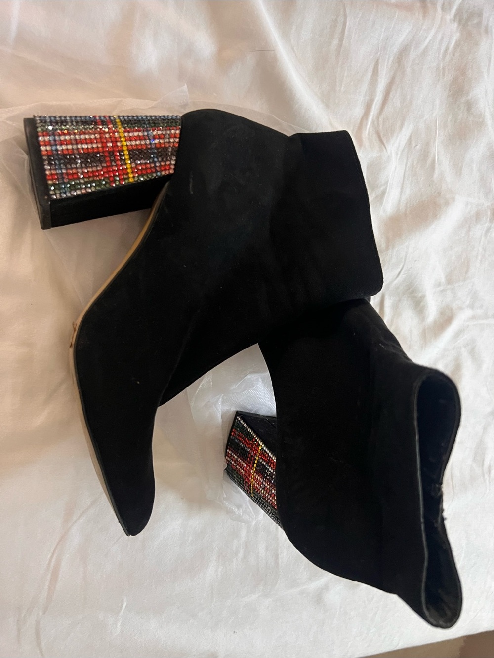 Betsey Johnson Black Suede Ankle Boots with Beaded Plaid Block Heel